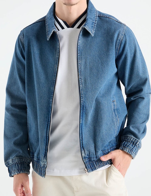 Chamarra bomber de mezclilla con bolsillos para hombre 1